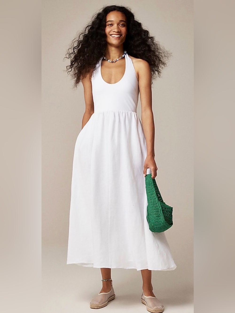 NWT J.Crew Linen & Jersey Cotton Mixy Halter Neck Midi Dress White Sz XL Pockets